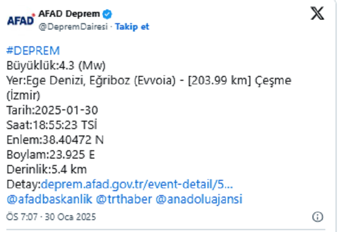 Deprem oldu. Afad duyurdu